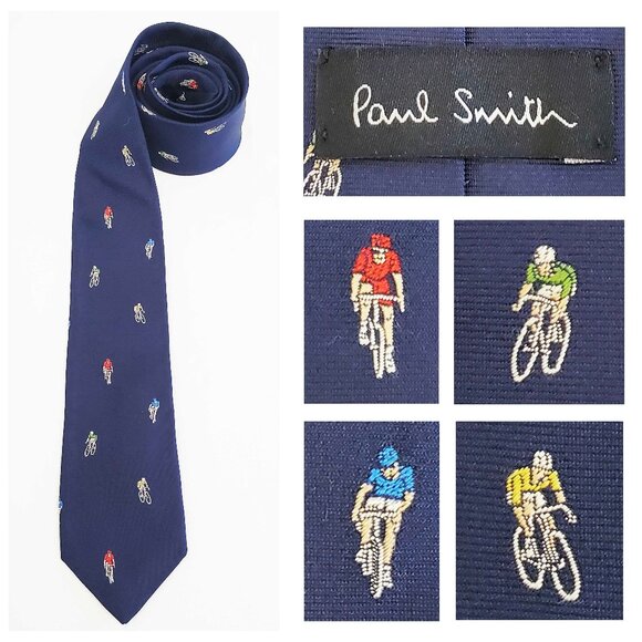 Paul Smith Mens Silk Bicycle Biking Cyclist Racing Navy Woven Neck Tie